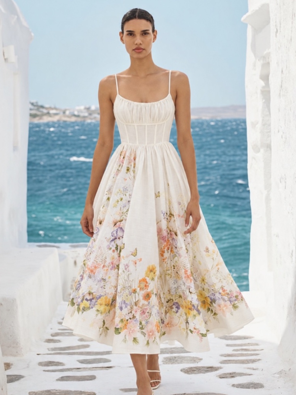 Zimmermann Natura Ivory Wildflower Ruched Midi Dress Size 1, Small